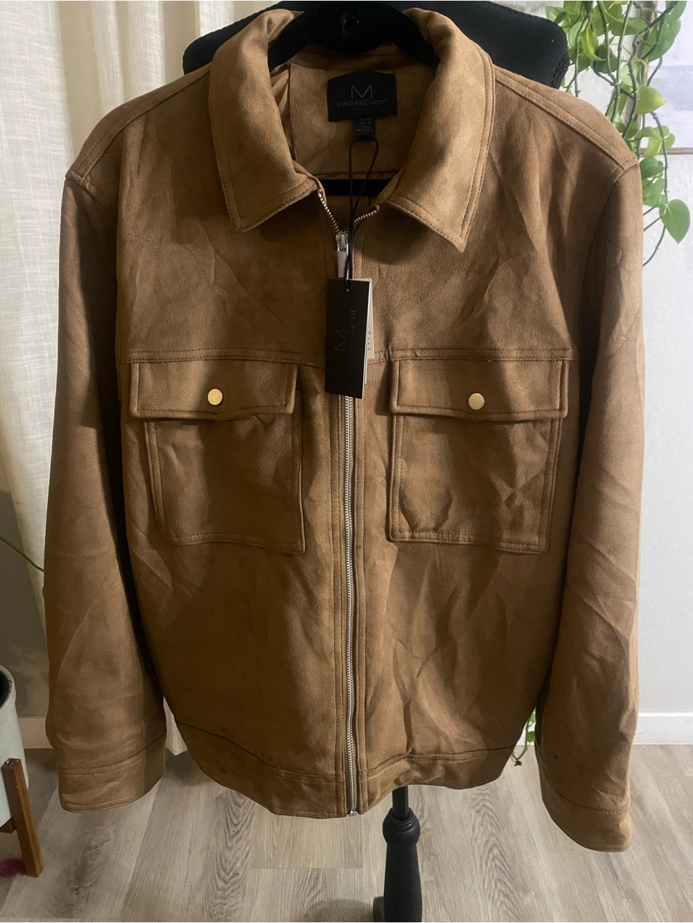 Magaschoni Men's Faux Suede Zip-Front Shirt Jacket - Tan / Light Brown